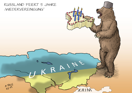 Cartoon: 5 Jahre Krim Annexion (medium) by Ago tagged russland,ukraine,konflikt,fünf,jahre,annexion,krim,jahrestag,feier,strittig,verweigerung,anerkennung,westen,usa,eu,sanktionen,ungelöst,bär,geburtstagskuchen,fressen,bedrohung,politik,karikatur,cartoon,pressezeichnung,illustration,tale,agostino,natale,russland,ukraine,konflikt,fünf,jahre,annexion,krim,jahrestag,feier,strittig,verweigerung,anerkennung,westen,usa,eu,sanktionen,ungelöst,bär,geburtstagskuchen,fressen,bedrohung,politik,karikatur,cartoon,pressezeichnung,illustration,tale,agostino,natale