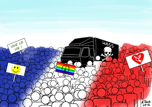 Cartoon: Attentat Nizza (medium) by Ago tagged nizza,frankreich,anschlag,terror,terroranschlag,lkw,lastwagen,promenade,menschen,totfahren,überfahren,tod,tote,opfer,hass,verblendung,religion,fundamentalismus,radikalismus,menschenliebe,friede,freiheit,werte,humanismus,stärker,mehrheit,toleranz,prayfornice,attentat,cartoon,karikatur,illustration,nizza,frankreich,anschlag,terror,terroranschlag,lkw,lastwagen,promenade,menschen,totfahren,überfahren,tod,tote,opfer,hass,verblendung,religion,fundamentalismus,radikalismus,menschenliebe,friede,freiheit,werte,humanismus,stärker,mehrheit,toleranz,prayfornice,attentat,cartoon,karikatur,illustration