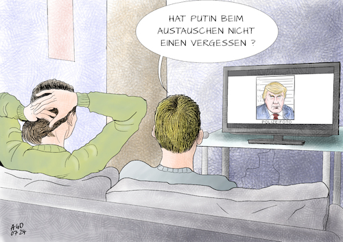 Cartoon: Austausch mit Russland (medium) by Ago tagged russland,westen,eu,usa,putin,gefangenaustausch,donald,trump,kandidat,wahl,präsidentschaft,verurteilung,populist,demokratiefeindlich,diktatorenfreund,polizeifoto,mugshot,paar,fernseher,politik,karikatur,cartoon,pressezeichnung,illustration,ago,agostino,natale,russland,westen,eu,usa,putin,gefangenaustausch,donald,trump,kandidat,wahl,präsidentschaft,verurteilung,populist,demokratiefeindlich,diktatorenfreund,polizeifoto,mugshot,paar,fernseher,politik,karikatur,cartoon,pressezeichnung,illustration,ago,agostino,natale