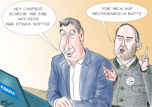 Cartoon: Chatbuddy (medium) by Ago tagged chatbot,ki,ai,künstliche,intelligenz,bayern,landtagswahlen,csu,markus,söder,hubert,aiwanger,freie,wähler,regierung,populismus,stammtischparolen,anbiederung,afd,rechtsextremismus,rede,schreiben,laptop,politik,karikatur,cartoon,pressezeichnung,illustration,ago,agostino,natale,chatbot,ki,ai,künstliche,intelligenz,bayern,landtagswahlen,csu,markus,söder,hubert,aiwanger,freie,wähler,regierung,populismus,stammtischparolen,anbiederung,afd,rechtsextremismus,rede,schreiben,laptop,politik,karikatur,cartoon,pressezeichnung,illustration,ago,agostino,natale