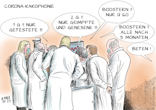 Cartoon: Corona-Kakophonie (medium) by Ago tagged corona,virus,covid,neunzehn,pandemie,vierte,welle,hohe,inzidenzen,steigende,auslastung,intensivstationen,unterschiedliche,empfehlungen,experten,uneins,divergenz,regeln,strategie,länder,bund,booster,impfungen,testen,3g,2g,1g,ärzte,patient,krankenbett,beratschlagen,gesundheitswesen,politik,caricature,karikatur,cartoon,pressezeichnung,illustration,tale,agostino,natale,corona,virus,covid,neunzehn,pandemie,vierte,welle,hohe,inzidenzen,steigende,auslastung,intensivstationen,unterschiedliche,empfehlungen,experten,uneins,divergenz,regeln,strategie,länder,bund,booster,impfungen,testen,3g,2g,1g,ärzte,patient,krankenbett,beratschlagen,gesundheitswesen,politik,caricature,karikatur,cartoon,pressezeichnung,illustration,tale,agostino,natale