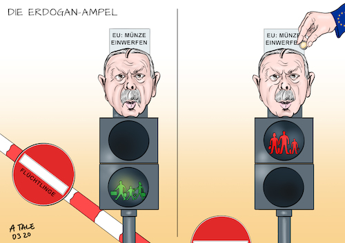 Cartoon: Die Erdogan-Ampel (medium) by Ago tagged eu,europa,migration,flüchtlingskrise,differenzen,eskalation,grenze,griechenland,türkei,drohung,erdogan,aussetzung,abkommen,forderung,mehr,finanzielle,mittel,krieg,syrien,ansteigen,flüchtlingsandrang,erpressung,zynismus,ausnutzung,schicksale,inhuman,politik,karikatur,cartoon,pressezeichnung,illustration,tale,agostino,natale,eu,europa,migration,flüchtlingskrise,differenzen,eskalation,grenze,griechenland,türkei,drohung,erdogan,aussetzung,abkommen,forderung,mehr,finanzielle,mittel,krieg,syrien,ansteigen,flüchtlingsandrang,erpressung,zynismus,ausnutzung,schicksale,inhuman,politik,karikatur,cartoon,pressezeichnung,illustration,tale,agostino,natale