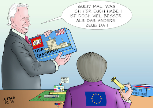 Cartoon: Egospielchen (medium) by Ago tagged usa,vereinigte,staaten,joe,biden,präsident,sanktionen,kontroverse,energieversorgung,nord,stream,verlegung,pipeline,lieferung,erdgas,eu,europa,merkel,russland,putin,autokratie,amerikanische,vorkommen,fracking,umwelt,schädlich,export,wirtschaftsinteressen,geostrategie,einflusssphäre,machtspiele,lego,baukasten,politik,caricature,karikatur,cartoon,pressezeichnung,illustration,tale,agostino,natale,usa,vereinigte,staaten,joe,biden,präsident,sanktionen,kontroverse,energieversorgung,nord,stream,verlegung,pipeline,lieferung,erdgas,eu,europa,merkel,russland,putin,autokratie,amerikanische,vorkommen,fracking,umwelt,schädlich,export,wirtschaftsinteressen,geostrategie,einflusssphäre,machtspiele,lego,baukasten,politik,caricature,karikatur,cartoon,pressezeichnung,illustration,tale,agostino,natale