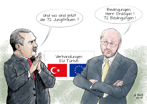 Cartoon: EU Türkei 72 Bedingungen (medium) by Ago tagged eu,türkei,verhandlungen,visafreiheit,72,bedingungen,offen,anti,terror,gesetze,ändern,entschärfen,voraussetzung,kraftprobe,drohung,aufkündigung,flüchtlingspakt,deal,recep,erdogan,präsident,martin,scholz,jungfrauen,missverständnis,europa,politik,karikatur,eu,türkei,verhandlungen,visafreiheit,72,bedingungen,offen,anti,terror,gesetze,ändern,entschärfen,voraussetzung,kraftprobe,drohung,aufkündigung,flüchtlingspakt,deal,recep,erdogan,präsident,martin,scholz,jungfrauen,missverständnis,europa,politik,karikatur,cartoon,tale