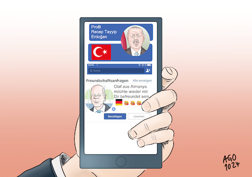 Cartoon: Freundschaftsanfrage (medium) by Ago tagged bundeskanzler,scholz,deutschland,kurzbesuch,treffen,türkei,präsident,erdogan,gespräche,ukraine,nahost,differenzen,asylbewerber,abschieben,migration,auffanglager,beziehung,verbessern,kooperation,partnerschaft,freundschaftsanfrage,soziales,netzwerk,smartphone,emojis,politik,caricature,karikatur,cartoon,pressezeichnung,illustration,ago,agostino,natale,bundeskanzler,scholz,deutschland,kurzbesuch,treffen,türkei,präsident,erdogan,gespräche,ukraine,nahost,differenzen,asylbewerber,abschieben,migration,auffanglager,beziehung,verbessern,kooperation,partnerschaft,freundschaftsanfrage,soziales,netzwerk,smartphone,emojis,politik,caricature,karikatur,cartoon,pressezeichnung,illustration,ago,agostino,natale