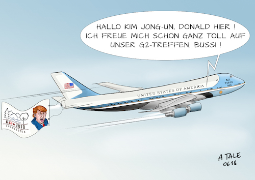 Cartoon: G2-Gipfel Donald und Kim (medium) by Ago tagged g7,gipfel,kanada,charlevoix,abschlusserklärung,zustimmung,zurückgezogen,eklat,donald,trump,präsident,usa,eu,europa,strafzölle,zoll,konfrontation,beeinträchtigung,wirtschaft,freier,handel,gipfeltreffen,nordkorea,kim,jong,un,singapur,air,force,one,sprunghaft,irrational,bruch,alte,freundschaften,politik,karikatur,cartoon,pressezeichnung,illustration,tale,agostino,natale,g7,gipfel,kanada,charlevoix,abschlusserklärung,zustimmung,zurückgezogen,eklat,donald,trump,präsident,usa,eu,europa,strafzölle,zoll,konfrontation,beeinträchtigung,wirtschaft,freier,handel,gipfeltreffen,nordkorea,kim,jong,un,singapur,air,force,one,sprunghaft,irrational,bruch,alte,freundschaften,politik,karikatur,cartoon,pressezeichnung,illustration,tale,agostino,natale