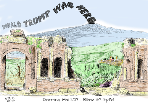 Cartoon: G7 Gipfel Bilanz (medium) by Ago tagged donald,trump,g7,gipfel,merkel,marcon,italien,taormina,ruinen,zerstörung,vandalismus,ätna,vulkan,asche,russ,europa,treffen,affront,differenzen,unkooperativ,direkt,salopp,kompromisslos,nato,protektionismus,freihandel,leugnung,klimawandel,abkommen,ablehnung,erste,auslandsreise,nahost,israel,vatikan,usa,us,praesident,forsch,eigenwillig,eigenmaechtig,ruecksichtslos,ablenken,russland,affaere,politik,karikatur,cartoon,illustration,tale,agostino,natale,donald,trump,g7,gipfel,merkel,marcon,italien,taormina,ruinen,zerstörung,vandalismus,ätna,vulkan,asche,russ,europa,treffen,affront,differenzen,unkooperativ,direkt,salopp,kompromisslos,nato,protektionismus,freihandel,leugnung,klimawandel,abkommen,ablehnung,erste,auslandsreise,nahost,israel,vatikan,usa,us,praesident,forsch,eigenwillig,eigenmaechtig,ruecksichtslos,ablenken,russland,affaere,politik,karikatur,cartoon,illustration,tale,agostino,natale