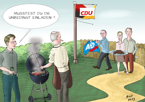 Cartoon: Gebetene Gäste (medium) by Ago tagged cdu,parteivorsitzender,friedrich,merz,interview,tv,öffnung,kooperation,kommunalebene,afd,kritik,debatte,widerspruch,linnemann,chrupalla,weidel,höcke,demokratiefeindlich,rechtsextrem,flaggen,grillen,einladung,politik,caricature,karikatur,cartoon,pressezeichnung,illustration,ago,agostino,natale,cdu,parteivorsitzender,friedrich,merz,interview,tv,öffnung,kooperation,kommunalebene,afd,kritik,debatte,widerspruch,linnemann,chrupalla,weidel,höcke,demokratiefeindlich,rechtsextrem,flaggen,grillen,einladung,politik,caricature,karikatur,cartoon,pressezeichnung,illustration,ago,agostino,natale