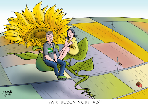 Cartoon: Im Höhenflug (medium) by Ago tagged die,grünen,parteitag,bielefeld,wiederwahl,parteispitze,führungsduo,annalena,baerbock,robert,habeck,umfrageergebnis,wahlerfolge,höhenflug,klimapolitik,zukunftsthemen,umweltschutz,ökopartei,sonnenblume,logo,landschaft,politik,karikatur,cartoon,pressezeichnung,illustration,tale,agostino,natale,die,grünen,parteitag,bielefeld,wiederwahl,parteispitze,führungsduo,annalena,baerbock,robert,habeck,umfrageergebnis,wahlerfolge,höhenflug,klimapolitik,zukunftsthemen,umweltschutz,ökopartei,sonnenblume,logo,landschaft,politik,karikatur,cartoon,pressezeichnung,illustration,tale,agostino,natale