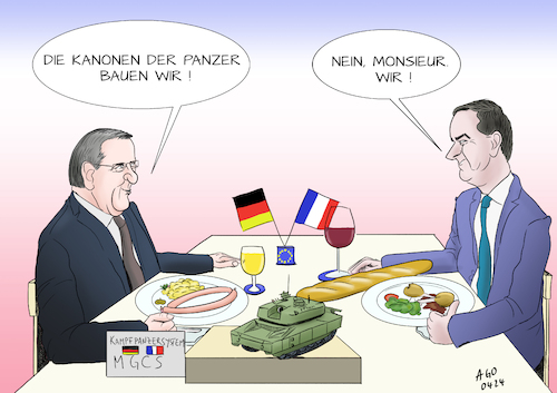 Cartoon: Joint venture (medium) by Ago tagged deutschland,frankreich,verteidigungsminister,pistorius,lecornu,treffen,absichtserklaerung,kooperation,gemeinschaftsprojekt,kampfpanzersystem,mgcs,aufgabenverteilung,paritaetisch,ruestungsindustrie,konkurrenten,nationale,interessen,nato,verteidigung,buendnis,eu,wirtschaft,politik,caricature,karikatur,cartoon,pressezeichnung,illustration,ago,agostino,natale,deutschland,frankreich,verteidigungsminister,pistorius,lecornu,treffen,absichtserklaerung,kooperation,gemeinschaftsprojekt,kampfpanzersystem,mgcs,aufgabenverteilung,paritaetisch,ruestungsindustrie,konkurrenten,nationale,interessen,nato,verteidigung,buendnis,eu,wirtschaft,politik,caricature,karikatur,cartoon,pressezeichnung,illustration,ago,agostino,natale