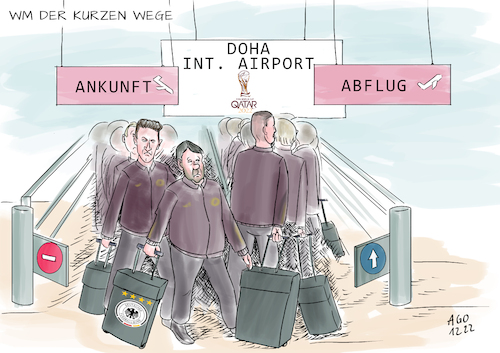 Cartoon: Kurzaufenthalt (medium) by Ago tagged fußball,weltmeisterschaft,2022,katar,deutschland,wm,aus,vorrunde,ausgeschieden,debakel,ankunft,abflug,flughafen,doha,sport,caricature,karikatur,cartoon,pressezeichnung,illustration,ago,agostino,natale,fußball,weltmeisterschaft,2022,katar,deutschland,wm,aus,vorrunde,ausgeschieden,debakel,ankunft,abflug,flughafen,doha,sport,caricature,karikatur,cartoon,pressezeichnung,illustration,ago,agostino,natale