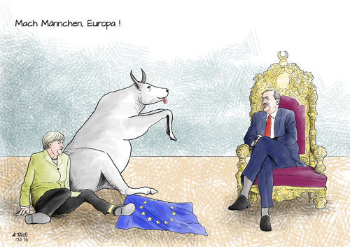 Cartoon: Mach Männchen Europa ! (medium) by Ago tagged lager,unterstuetzung,hilfe,verhandlung,fluechtlingspolitik,fluechtlingskrise,deal,erdogan,präsident,tuerkei,deutschland,merkel,europa,eu,aufnehmen,fluechtlinge,migration,asyl,syrien,buergerkrieg,schengen,abriegelung,balkanroute,erpressung,innenpolitik,autokratie,größenwahn,allmächtig,verfolgung,stier,thron,maennchen,machen,wegsehen,gefaelligkeit,politik,cartoon,karikatur,eu,europa,merkel,deutschland,tuerkei,präsident,erdogan,deal,fluechtlingskrise,fluechtlingspolitik,verhandlung,hilfe,unterstuetzung,lager,aufnehmen,fluechtlinge,migration,asyl,syrien,buergerkrieg,schengen,abriegelung,balkanroute,erpressung,innenpolitik,autokratie,größenwahn,allmächtig,verfolgung,stier,thron,maennchen,machen,wegsehen,gefaelligkeit,politik,cartoon,karikatur