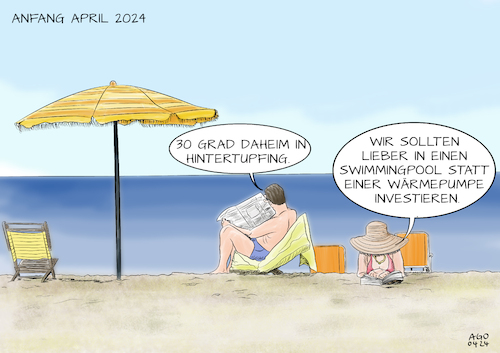 Cartoon: Neue Prioritäten (medium) by Ago tagged wetter,kapriolen,sommer,hitze,april,klimawandel,umwelt,klimapolitik,paar,urlaub,strand,meer,swimmingpool,wärmepumpe,prioritäten,falsche,schlussfolgerungen,schönreden,politik,karikatur,cartoon,pressezeichnung,illustration,ago,agostino,natale,wetter,kapriolen,sommer,hitze,april,klimawandel,umwelt,klimapolitik,paar,urlaub,strand,meer,swimmingpool,wärmepumpe,prioritäten,falsche,schlussfolgerungen,schönreden,politik,karikatur,cartoon,pressezeichnung,illustration,ago,agostino,natale