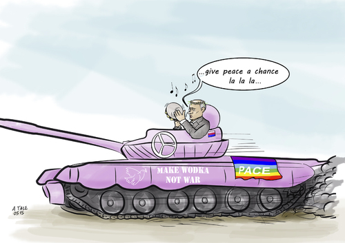 Cartoon: Peace a la Putin (medium) by Ago tagged karikatur,cartoon,friedensbewegung,sanktionen,panzer,europa,eu,usa,westen,boykott,konflikt,ukraine,friedensordnung,welt,frieden,rede,2015,mai,weltkrieg,kriegsende,jahre,70,platz,roter,militärparade,putin,moskau,russland,russland,moskau,putin,militärparade,roter,platz,70,jahre,kriegsende,weltkrieg,mai,2015,rede,frieden,welt,friedensordnung,ukraine,konflikt,boykott,westen,usa,eu,europa,panzer,sanktionen,friedensbewegung,cartoon,karikatur