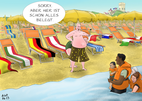 Cartoon: Revier markiert (medium) by Ago tagged eu,europäische,union,asylrecht,reform,verschärfung,schnellverfahren,aufnahmelager,abschiebung,migranten,flüchtlinge,seenot,strand,paar,zurückweisung,handtücher,politik,caricature,karikatur,cartoon,pressezeichnung,illustration,ago,agostino,natale,eu,europäische,union,asylrecht,reform,verschärfung,schnellverfahren,aufnahmelager,abschiebung,migranten,flüchtlinge,seenot,strand,paar,zurückweisung,handtücher,politik,caricature,karikatur,cartoon,pressezeichnung,illustration,ago,agostino,natale