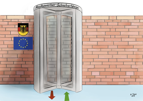 Cartoon: Schnellverfahren (medium) by Ago tagged flüchtlingsdrama,flüchtlinge,flüchtlingskrise,asyl,asylrecht,verschaerfung,schnellverfahren,deutschland,eu,europa,gesetzespaket,entwurf,heiko,maas,justizminister,innenminister,de,maiziere,drehtuere,mauer,politik,karikatur,cartoon,illustration,flüchtlingsdrama,flüchtlinge,flüchtlingskrise,asyl,asylrecht,verschaerfung,schnellverfahren,deutschland,eu,europa,gesetzespaket,entwurf,heiko,maas,justizminister,innenminister,de,maiziere,drehtuere,mauer,politik,karikatur,cartoon,illustration