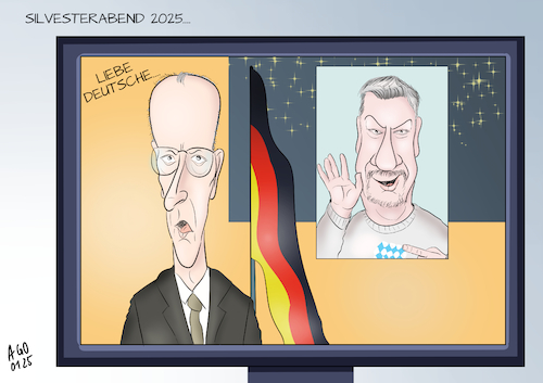 Cartoon: Silvesterabend 2025.... (medium) by Ago tagged bundestagswahl,2025,prognosen,wahlsieg,cdu,csu,silvesteransprache,merz,söder,rivalität,vordergrund,drängen,zurückstecken,patriotismus,rechtsruck,konkurrenz,populisten,politik,caricature,karikatur,cartoon,pressezeichnung,illustration,ago,agostino,natale,bundestagswahl,2025,prognosen,wahlsieg,cdu,csu,silvesteransprache,merz,söder,rivalität,vordergrund,drängen,zurückstecken,patriotismus,rechtsruck,konkurrenz,populisten,politik,caricature,karikatur,cartoon,pressezeichnung,illustration,ago,agostino,natale