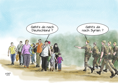 Cartoon: So kreuzen sich die Wege (medium) by Ago tagged syrien,mission,bundeswehr,auslandseinsatz,kampf,is,islamischer,staat,einsatz,unterstuetzung,deutschland,frankreich,militaer,soldaten,fluechtlingskrise,fluechtlingsdrama,fluechtlinge,asylrecht,asyl,familien,eu,europa,ursache,flucht,buergerkrieg,krieg,terror,politik,cartoon,karikatur,syrien,mission,bundeswehr,auslandseinsatz,kampf,is,islamischer,staat,einsatz,unterstuetzung,deutschland,frankreich,militaer,soldaten,fluechtlingskrise,fluechtlingsdrama,fluechtlinge,asylrecht,asyl,familien,eu,europa,ursache,flucht,buergerkrieg,krieg,terror,politik,cartoon,karikatur