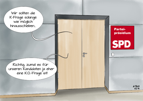 Cartoon: SPD K.O.-Frage (medium) by Ago tagged spd,partei,kanzlerkandidat,kafrage,sigmar,gabriel,parteivorsitzender,präsidium,entscheidung,hinauszögern,mehrere,kandidaten,spitzenkandidat,olaf,scholz,schwierige,situation,verluste,wahlen,umfragetief,chancen,gegen,merkel,wortspiel,ko,politik,cartoon,karikatur,tale,spd,partei,kanzlerkandidat,kafrage,sigmar,gabriel,parteivorsitzender,präsidium,entscheidung,hinauszögern,mehrere,kandidaten,spitzenkandidat,olaf,scholz,schwierige,situation,verluste,wahlen,umfragetief,chancen,gegen,merkel,wortspiel,ko,politik,cartoon,karikatur,tale