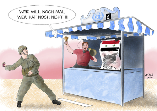 Cartoon: Syriens Schicksal (medium) by Ago tagged syrien,naher,osten,nahost,bürgerkrieg,krieg,tote,opfer,vertreibung,flüchtlinge,zerstörung,spielball,der,mächte,stellvertreterkrieg,assad,diktatur,opposition,is,islam,chaos,verworrene,lage,jeder,gegen,jeden,luftangriffe,aleppo,russland,putin,obama,usa,europa,steinmeier,diplomatie,un,sicherheitsrat,machtlos,einfluss,einflusssphären,wurfbude,marktschreier,teufel,soldat,politik,karikatur,cartoon,illustration,syrien,naher,osten,nahost,bürgerkrieg,krieg,tote,opfer,vertreibung,flüchtlinge,zerstörung,spielball,der,mächte,stellvertreterkrieg,assad,diktatur,opposition,is,islam,chaos,verworrene,lage,jeder,gegen,jeden,luftangriffe,aleppo,russland,putin,obama,usa,europa,steinmeier,diplomatie,un,sicherheitsrat,machtlos,einfluss,einflusssphären,wurfbude,marktschreier,teufel,soldat,politik,karikatur,cartoon,illustration