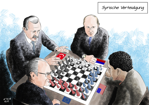 Cartoon: Syrische Verteidigung (medium) by Ago tagged obama,hollande,putin,erdogan,syrien,konflikte,zerstritten,einheitliches,handeln,konzept,misstrauen,eigenes,sueppchen,koalition,alleanzen,buendnisse,mission,naher,osten,auslandseinsatz,kampf,is,islamischer,staat,einsatz,krieg,luftangriffe,eu,frankreich,usa,russland,tuerkei,militaer,soldaten,fluechtlingskrise,fluechtlingsdrama,fluechtlinge,asylrecht,asyl,familien,europa,ursache,flucht,buergerkrieg,terror,politik,schach,taktik,strategie,angriff,verteidigung,zuviele,koeche,verderben,den,brei,cartoon,karikatur,obama,hollande,putin,erdogan,syrien,konflikte,zerstritten,einheitliches,handeln,konzept,misstrauen,eigenes,sueppchen,koalition,alleanzen,buendnisse,mission,naher,osten,auslandseinsatz,kampf,is,islamischer,staat,einsatz,krieg,luftangriffe,eu,frankreich,usa,russland,tuerkei,militaer,soldaten,fluechtlingskrise,fluechtlingsdrama,fluechtlinge,asylrecht,asyl,familien,europa,ursache,flucht,buergerkrieg,terror,politik,schach,taktik,strategie,angriff,verteidigung,zuviele,koeche,verderben,den,brei,cartoon,karikatur