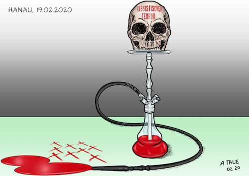 Cartoon: Terroranschlag Hanau (medium) by Ago tagged hanau,deutschland,terror,anschlag,shisha,bars,morde,rassismus,fremdenfeindlichkeit,xenophobie,rassenideologie,rechtsextremismus,menschenverachtung,herabwürdigung,verharmlosung,schädel,blut,kreuze,politik,caricature,karikatur,cartoon,pressezeichnung,illustration,tale,agostino,natale,hanau,deutschland,terror,anschlag,shisha,bars,morde,rassismus,fremdenfeindlichkeit,xenophobie,rassenideologie,rechtsextremismus,menschenverachtung,herabwürdigung,verharmlosung,schädel,blut,kreuze,politik,caricature,karikatur,cartoon,pressezeichnung,illustration,tale,agostino,natale