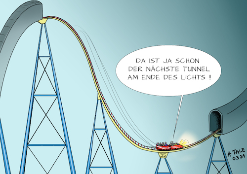 Cartoon: Tunnel am Ende des Lichts (medium) by Ago tagged corona,virus,covid,pandemie,inzidenz,kennwerte,grafiken,wellen,stagnation,rauf,runter,berg,und,talfahrt,licht,ende,tunnel,redewendung,ungewissheit,richtiges,vorgehen,lockdown,lockerungen,achterbahn,politik,caricature,karikatur,cartoon,pressezeichnung,illustration,tale,agostino,natale,corona,virus,covid,pandemie,inzidenz,kennwerte,grafiken,wellen,stagnation,rauf,runter,berg,und,talfahrt,licht,ende,tunnel,redewendung,ungewissheit,richtiges,vorgehen,lockdown,lockerungen,achterbahn,politik,caricature,karikatur,cartoon,pressezeichnung,illustration,tale,agostino,natale