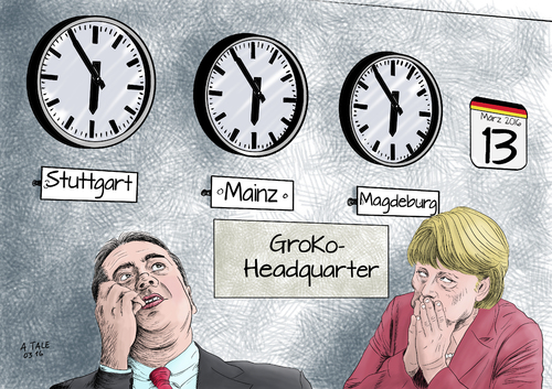 Cartoon: Wahl-Thriller (medium) by Ago tagged landtagswahlen,13,maerz,2016,cdu,spd,angela,merkel,sigmar,gabriel,groko,grosse,koalition,nervositaet,anspannung,ausgang,umfragen,knappes,ergebnis,verluste,volksparteien,hochrechnung,sonntag,18,uhr,uhren,baden,wuerttemberg,stuttgart,rheinland,pfalz,mainz,sachsen,anhalt,madgeburg,parodie,thriller,hauptquartier,politik,karikatur,cartoon,landtagswahlen,13,maerz,2016,cdu,spd,angela,merkel,sigmar,gabriel,groko,grosse,koalition,nervositaet,anspannung,ausgang,umfragen,knappes,ergebnis,verluste,volksparteien,hochrechnung,sonntag,18,uhr,uhren,baden,wuerttemberg,stuttgart,rheinland,pfalz,mainz,sachsen,anhalt,madgeburg,parodie,thriller,hauptquartier,politik,karikatur,cartoon