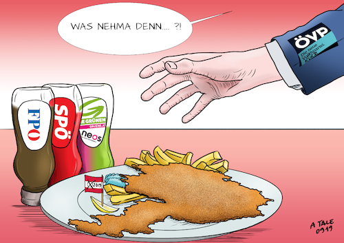 Cartoon: Wiener Schnitzel mit... (medium) by Ago tagged österreich,parlamentswahlen,vorgezogen,favorit,sebastian,kurz,övp,prognose,schwierige,koalitionsbildung,richtungswahl,rechtspopulistisch,liberal,fpö,spö,grünen,neos,wiener,schnitzel,sauce,politik,karikatur,cartoon,pressezeichnung,illustration,tale,agostino,natale,österreich,parlamentswahlen,vorgezogen,favorit,sebastian,kurz,övp,prognose,schwierige,koalitionsbildung,richtungswahl,rechtspopulistisch,liberal,fpö,spö,grünen,neos,wiener,schnitzel,sauce,politik,karikatur,cartoon,pressezeichnung,illustration,tale,agostino,natale