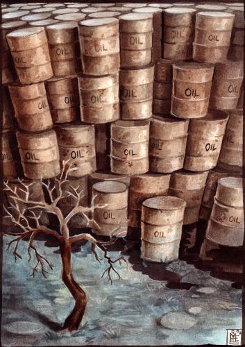 Cartoon: oil (medium) by matteo bertelli tagged oil,environment,petrolio,pollution,öl,milieu,reihen,uniform,illustration,umfeld,umwelt,vorräte,leben,tod,schadstoffe,ressourcen,verschmutzung,natur,verunreinigung,unrein,baum,umweltverschmutzung