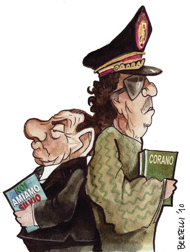 Cartoon: the summit (medium) by matteo bertelli tagged gheddafi,berlusconi,bertelli,libia,italy,silvio berlusconi,italien,karikatur,karikaturen,portrait,politiker,silvio,berlusconi