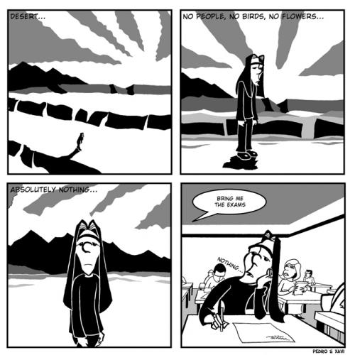 Cartoon: Adrift - Desert (medium) by Xavi dibuixant tagged adrift,comic,strip,desert,exam,wüste,menschen,blumen,vögel,nichts,examen,prüfung,arbeit,klausur,träumen,abdriften,gedanken,nachdenken,leere,klasse,schulklasse,unterricht,schüler,lehrer,gehirn,lernen,philosophie,schreiben,blatt,schulbank,comic,strip