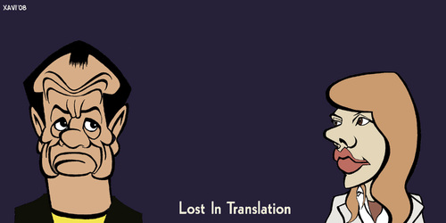 Cartoon: Lost in translation (medium) by Xavi dibuixant tagged star,hollywood,coppola,sophia,murray,bill,johansson,scarlett,translation,lost,lost,translation,beziehung,scarlett,johansson,bill,murray,film,kino,sofia,mann,frau,übersetzung,sprachen,barriere,kultur,gesellschaft,coppola,2003,karikatur,portrait,schauspieler,protagonist,tokio,bob,harris,charlotte,kinofilm