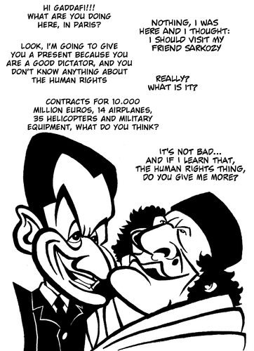 Cartoon: The friend of Sarkozy (medium) by Xavi dibuixant tagged libia,tripoli,france,gaddafi,sarkozy,sarkozy,gaddafi,menschenrechte,diktator,freunde,großzügig,dschihad