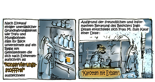 Cartoon: Karotten mit Erbsen 2 (medium) by zenundsenf tagged bio,erbsen,karotten,hazzard,öko,kathastrophe,terrorismus,konservierungsstoffe,zenf,illustration,zensenf,zenundsenf,andi,walter