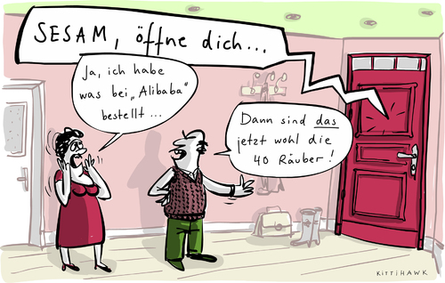 Cartoon: Alibaba (medium) by kittihawk tagged kittihawk,2014,alibaba,börsengang,amazon,räuber,aktien,finanzmarkt,internetriese,versand,internethandel,china,bestellt,tür,flur,mann,frau,ehepaar,shopping,lieferung,sesam,öffne,dich,auf,unbehagen,konzern,gigant,konkurrent,kittihawk,2014,alibaba,börsengang,amazon,räuber,aktien,finanzmarkt,internetriese,versand,internethandel,china,bestellt,tür,flur,mann,frau,ehepaar,shopping,lieferung,sesam,öffne,dich,auf,unbehagen,konzern,gigant,konkurrent