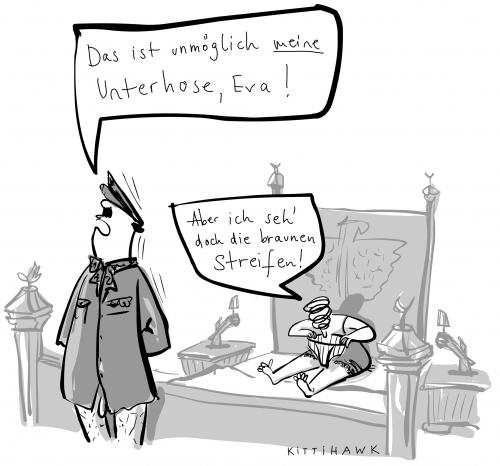 Cartoon: braune streifen (medium) by kittihawk tagged bett,hitler,schlafzimmer,beziehung,braun,adolf,hitler,eva,braun,ehe,frau,mann,paar,pärchen,diktator,deutschland,geliebte,beziehung,ehefrau,unterhose,unterwäsche,führer,nationalsozialismus,streifen,bremsspur,schmutz,dreck,hygiene,nachlässigkeit,stuhlgang,geschäft,fäkalien,reste,sauberkeit,unmöglich,ausrede,schuld,lügen,lüge,herkunft,abstammung,fremdenhass,nazi,reich,kanzler,reichskanzler,geschichte,politik,vergangenheit