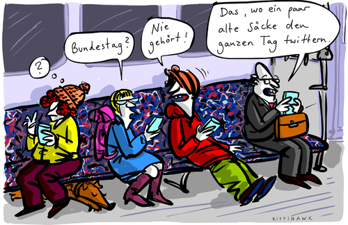 Cartoon: Bundestag (medium) by kittihawk tagged kittihawk,2014,bundestag,nie,gehört,uninteressant,alte,säcke,den,ganzen,tag,twittern,politik,studie,bertelsmann,ubahn,smartphone,information,medien,kommunikation,kittihawk,2014,bundestag,nie,gehört,uninteressant,alte,säcke,den,ganzen,tag,twittern,politik,studie,bertelsmann,ubahn,smartphone,information,medien,kommunikation