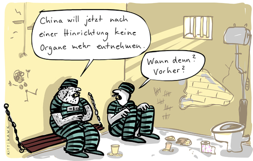 Cartoon: China Organe (medium) by kittihawk tagged kittihawk,2014,china,hinrichtung,organ,entnahme,transplantation,todestrafe,praxis,ändern,gefängnis,knast,vorher,nachher,zelle,kittihawk,2014,china,hinrichtung,organ,entnahme,transplantation,todestrafe,praxis,ändern,gefängnis,knast,vorher,nachher,zelle