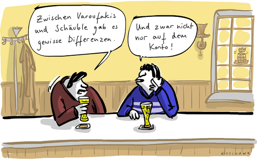 Cartoon: Differenzen (medium) by kittihawk tagged kittihawk,2015,treffen,schäuble,varoufakis,finanzminister,deutschland,griechenland,berlin,antritts,besuch,pressekonferenz,übereinstimmung,differenzen,konto,gewisse,banken,ezb,börse,athen,staatsanleihen,theke,bier,tagescartoon,kittihawk,2015,treffen,schäuble,varoufakis,finanzminister,deutschland,griechenland,berlin,antritts,besuch,pressekonferenz,übereinstimmung,differenzen,konto,gewisse,banken,ezb,börse,athen,staatsanleihen,theke,bier,tagescartoon