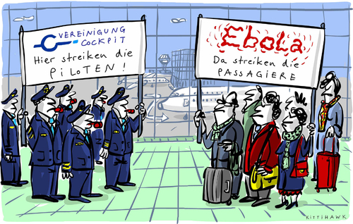 Cartoon: Ebola vs Piloten (medium) by kittihawk tagged streik,piloten,ebola,passagiere,flughafen,cockpit,verbreitung,epidemie,kittihawk,2014,streik,piloten,ebola,passagiere,flughafen,cockpit,verbreitung,epidemie,kittihawk,2014