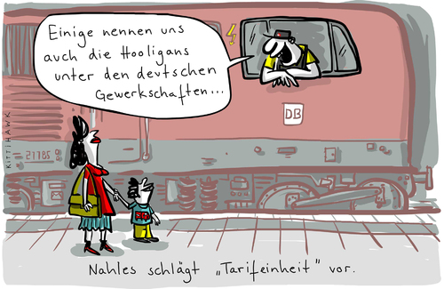 Cartoon: Hooligans (medium) by kittihawk tagged kittihawk,2014,tarifeinheit,gesetz,tarifautonomie,einheitlich,spartengewerkschaften,streikrecht,spd,andrea,nahles,hooligans,unter,deutschen,gewerkschaften,bahnsteig,lok,lokführer,selbstverständnis,definition,gdl,cockpit,kittihawk,2014,tarifeinheit,gesetz,tarifautonomie,einheitlich,spartengewerkschaften,streikrecht,spd,andrea,nahles,hooligans,unter,deutschen,gewerkschaften,bahnsteig,lok,lokführer,selbstverständnis,definition,gdl,cockpit