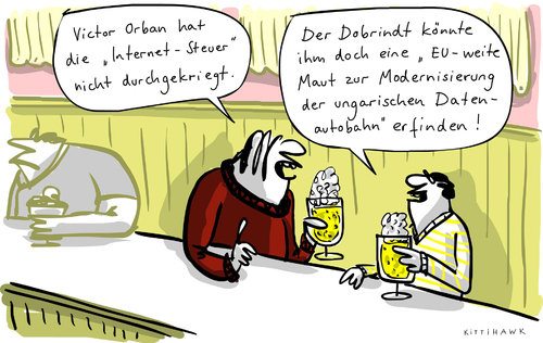 Cartoon: Internet Steuer (medium) by kittihawk tagged kittihawk,maut,2014,victor,orban,internet,steuer,protest,ungarn,verhindert,dobrindt,datenautobahn,ungarische,kneipe,bier,tolle,idee,kittihawk,maut,2014,victor,orban,internet,steuer,protest,ungarn,verhindert,dobrindt,datenautobahn,ungarische,kneipe,bier,tolle,idee