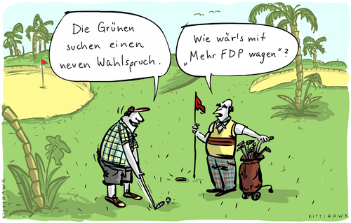 Cartoon: Mehr FDP wagen (medium) by kittihawk tagged kittihawk,grüne,2014,parteitag,hamburg,richtungswechsel,einigkeit,doppelspitze,golf,neuer,wahlspruch,mehr,fdp,wagen,kittihawk,grüne,2014,parteitag,hamburg,richtungswechsel,einigkeit,doppelspitze,golf,neuer,wahlspruch,mehr,fdp,wagen