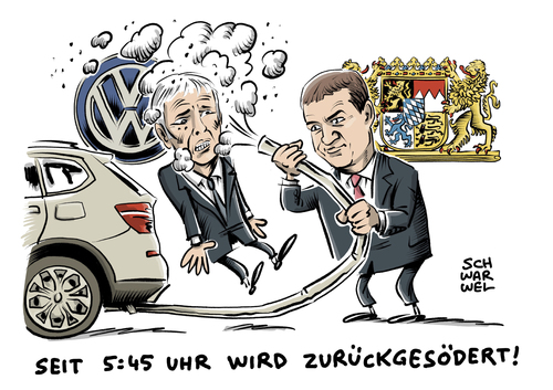 Cartoon: Abgasaffäre Konsequenz (medium) by Schwarwel tagged abgasaffäre,abgasskandal,abgas,skandal,krise,vw,volkswagen,bayern,klage,schadensersatz,karikatur,schwarwel,abgasaffäre,abgasskandal,abgas,skandal,krise,vw,volkswagen,bayern,klage,schadensersatz,karikatur,schwarwel