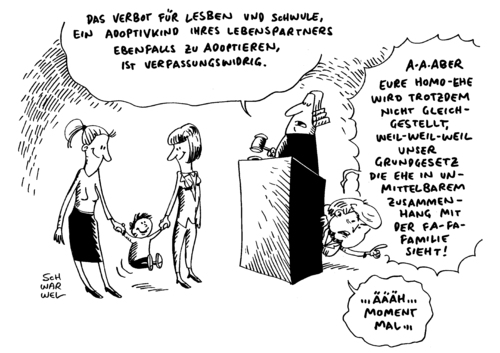 Cartoon: Adoptionsrecht Homosexuelle (medium) by Schwarwel tagged urteil,bundesverfassungsgericht,adoptionsrecht,kinder,familie,homosexuell,schwul,lesbisch,karikatur,schwarwel,partner,lebenspartner,ehe,homoehe,verfassungswidrig,grundgesetz,merkel,politik,adoption,urteil,bundesverfassungsgericht,adoptionsrecht,kinder,familie,homosexuell,schwul,lesbisch,karikatur,schwarwel,partner,lebenspartner,ehe,homoehe,verfassungswidrig,grundgesetz,merkel,politik,adoption