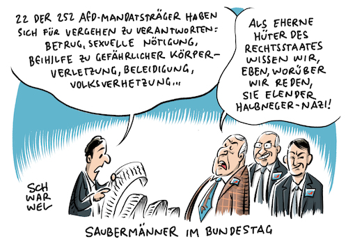 Cartoon: AfD Abgeordnete Ermittlungen (medium) by Schwarwel tagged afd,alternative,für,deutschland,rechts,nazi,nazis,nazipartei,nonazis,rechtspopulisten,rechtspopulismus,rechtsstaat,rassismus,rassisten,bundestag,abgeordnete,hass,hetze,hasskommentare,weidel,gauland,von,storch,regierung,partei,flüchtlinge,geflüchtete,flüchtlingspolitik,flüchtlingskrise,politik,politiker,mandatsträger,mandat,landtagsabgeordneter,bundestagsabgeordneter,betrug,sexuelle,nötigung,volksverhetzung,poggenburg,neger,halbneger,cartoon,karikatur,schwarwel,afd,alternative,für,deutschland,rechts,nazi,nazis,nazipartei,nonazis,rechtspopulisten,rechtspopulismus,rechtsstaat,rassismus,rassisten,bundestag,abgeordnete,hass,hetze,hasskommentare,weidel,gauland,von,storch,regierung,partei,flüchtlinge,geflüchtete,flüchtlingspolitik,flüchtlingskrise,politik,politiker,mandatsträger,mandat,landtagsabgeordneter,bundestagsabgeordneter,betrug,sexuelle,nötigung,volksverhetzung,poggenburg,neger,halbneger,cartoon,karikatur,schwarwel