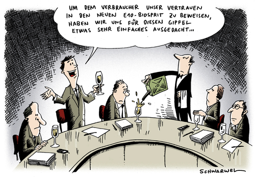 Cartoon: Benzingipfel (medium) by Schwarwel tagged super,e10,einführung,regierung,deutschland,politik,sprit,benzin,tankstelle,öl,karikatur,schwarwel,treibstoff,auto,fahrer,kfz,konzern,umwelt,bio,diesel,klima,energie,motor,wirtschaft,gipfel,diskussion,e10,einführung,regierung,deutschland,sprit,benzin,tankstelle,öl,treibstoff