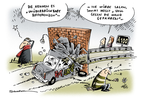 Cartoon: Berliner Koalitionscrash (medium) by Schwarwel tagged rot,gruen,koalition,koalitionsgespräch,unüberbrückbare,differenzen,autobahn,a100,partei,politik,deutschland,regierung,verhandlung,berlin,wowereit,spd,die,grüne,karikatur,schwarwel,koalition,koalitionsgespräch,differenzen,autobahn,a100,unüberbrückbare