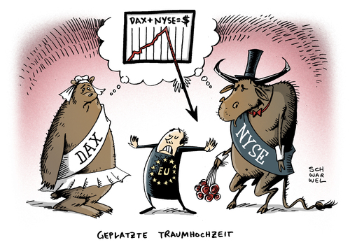 Cartoon: Börsenhochzeit (medium) by Schwarwel tagged börse,hochzeit,heirat,eu,europäische,union,frankfurt,new,york,kommission,dax,nyse,fusion,exchange,wettbewerb,monopol,wirtschaft,geld,finanzen,markt,wall,street,stock,karikatur,schwarwel,börse,hochzeit,heirat,eu,union,frankfurt,kommission,exchange,fusion,wettbewerb,monopol